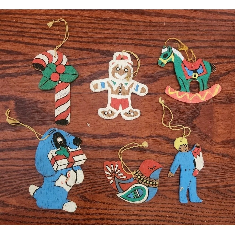 Lot Of Six Vintage Hand Painted Wood Ornaments Kitchy Christmas